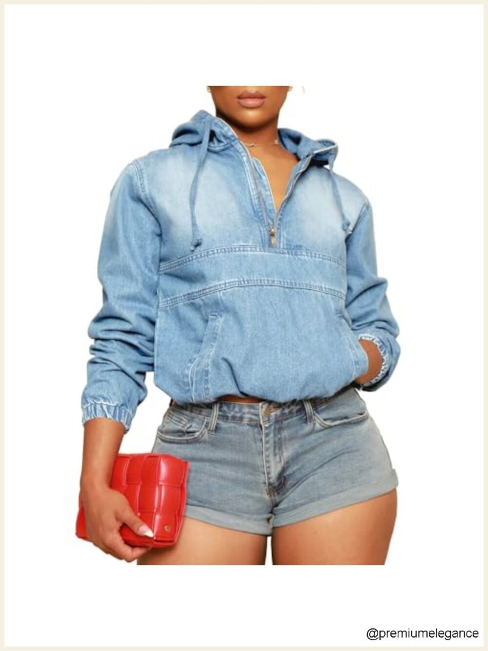 Women's Half Zip Hooded Denim Jacket Pullover Cotton Blend